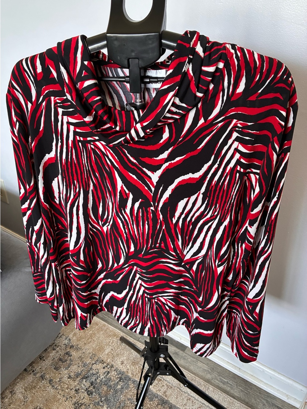 Cowl Neck Zebra-Print Blouse in Red, Black & White